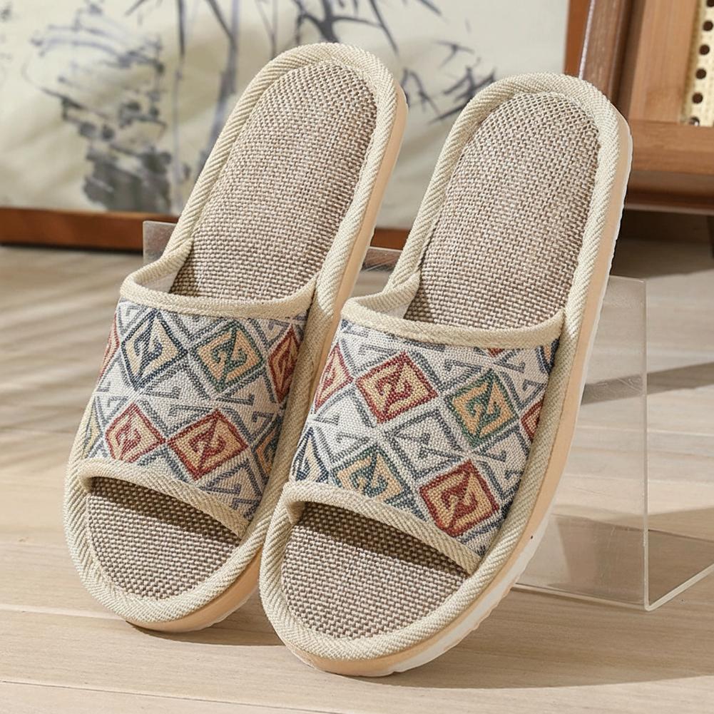 Women'S Shoes For Flat Feet - 四季対応リネンスリッパ カップル用 通気性 室内用フロアスリッパ 滑り止め コットンリネン