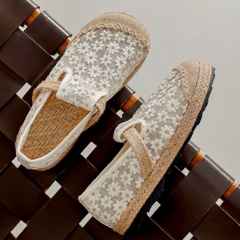 Women'S Shoes Vegan - 夏の女性用カジュアルリネン手作り刺繍ミュールフラットスリッパ レトロヴィーガンサマーレディースキャンバス快適エスパドリーユシューズ
