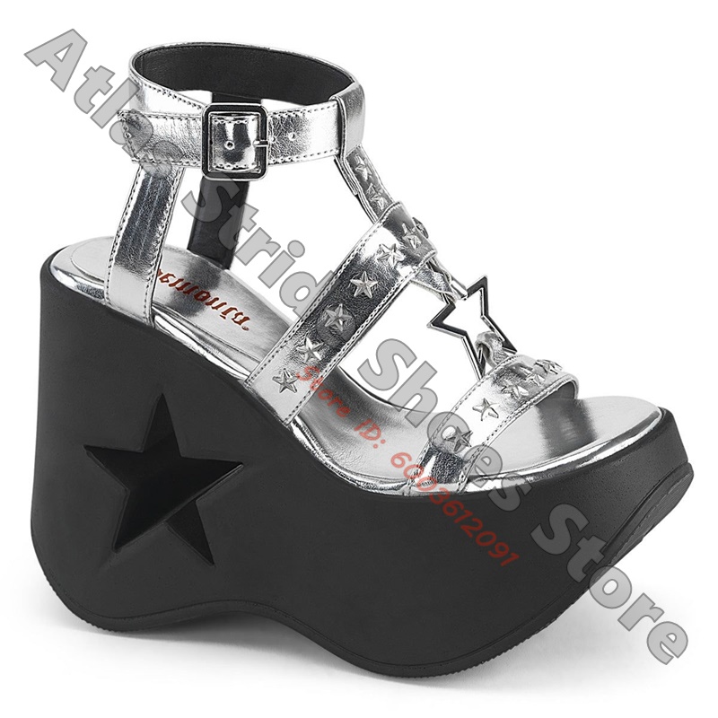 Women'S Shoes Vegan - スターカットアウトプラットフォームウェッジアンクルブーツ ピンクホログラフィックストレッチヴィーガンレザー ゴシックパンクコスプレフェスティバルストリートウェアシューズ