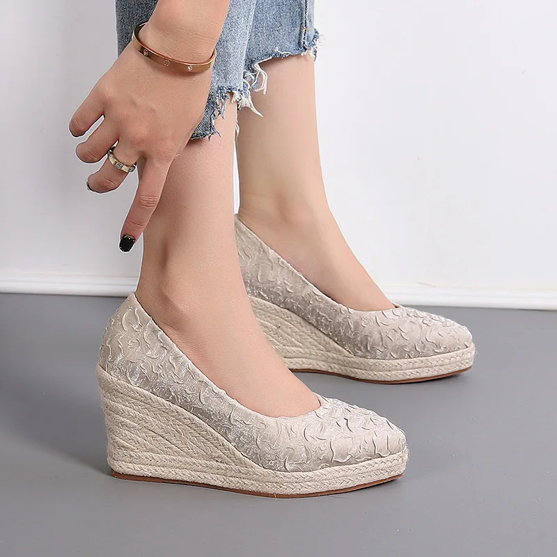 Espadrille Wedge Shoes - 8cmヒール、サイズ34-42、通気性のある快適な花柄プリントプラットフォームウェッジシューズ、ハイヒール、2026年女性用秋エスパドリーユ、オフィスママ向け
