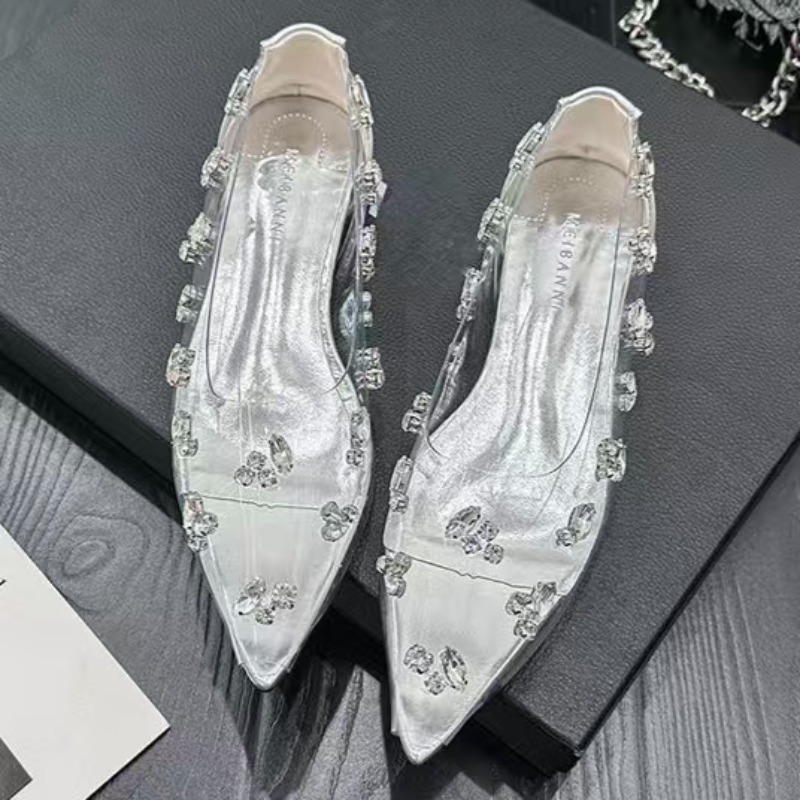 Pointed Toe Flat - 2026 透明PVCラインストーンフラットシューズ セクシーなポインテッドトゥ レッドソール フレンチシングルシューズ レディースクリスタルシューズ