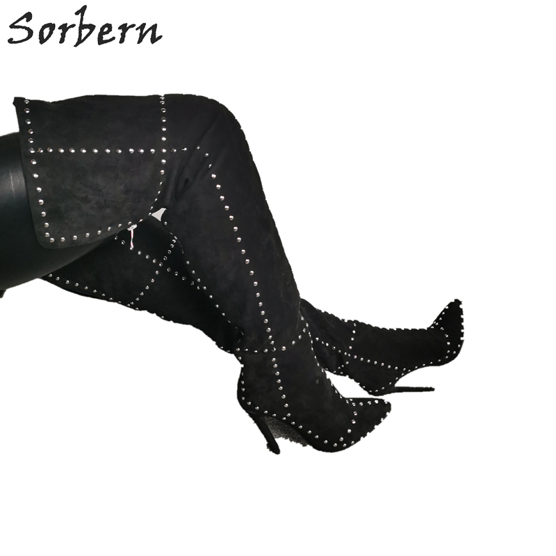 Women'S Shoes Vegan - Sorbern リベットワイドフィットサイブーツ女性ハイヒールハイヒールオープンバック滑走路の靴ドラッグヒールビーガンレザーフェイクスエードカスタム