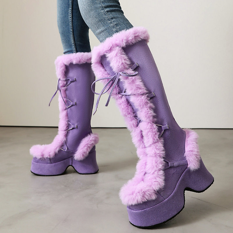 Women'S Shoes Chelsea - ロリータスタイルの毛皮のようなプラットフォームブーツ女性用厚いウェッジヒール、暖かいニーハイウィンターブーツレースアップコスプレデイリーシューズ女性