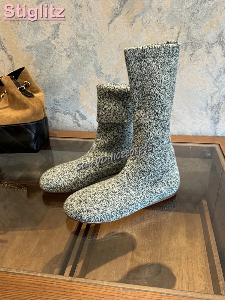 Sock Boot Women - ニットラウンドトゥフラットストレッチブーツソリッドスリッポンミッドカーフソックスブーツ2025秋新作ファッションレディースウォームシューズストリートスタイル