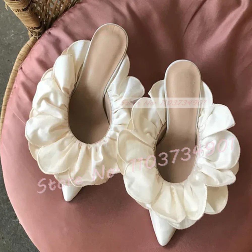 Women Shoes Zara - 女性のための白い花のサテンの先のとがったつま先のスライド、カジュアルなヒョウのハイヒールの靴、女性のエレガントなレース簡潔な頑丈な大きなサイズのスリッパ