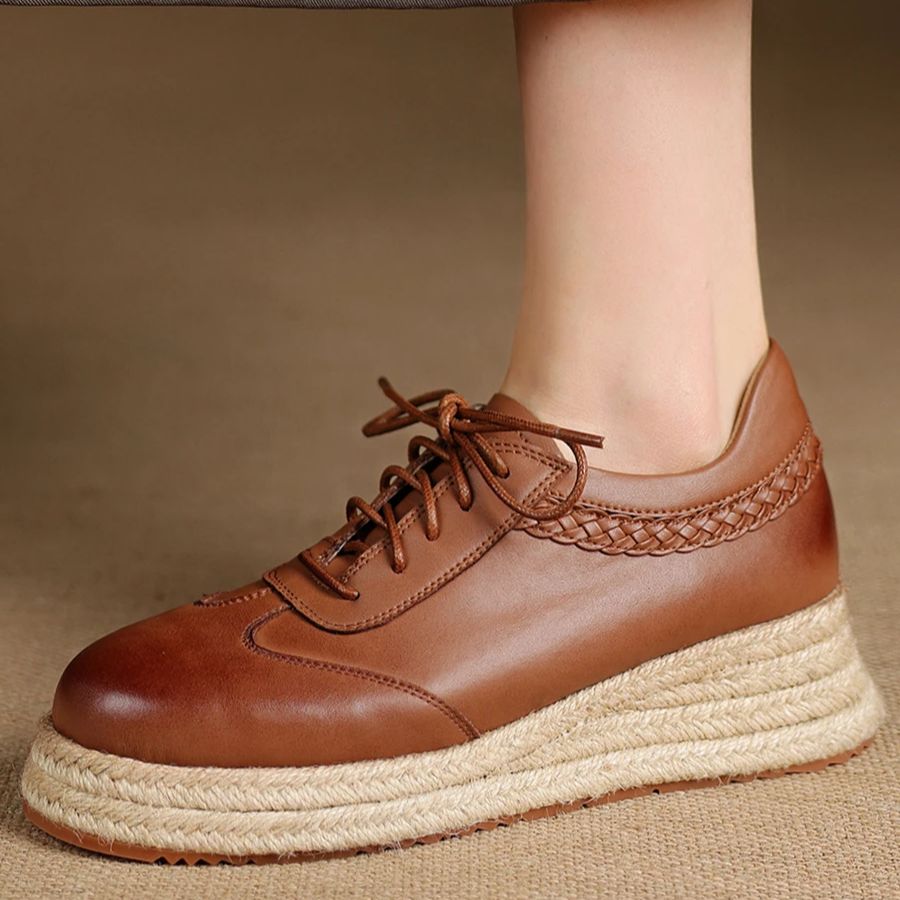 Espadrille Wedge Shoes - EAGSITY 牛革ブラウンオックスフォードシューズスタイル女性エスパドリーユウェッジシューズラウンドトゥレースアップブローグ靴ウォーキングスニーカー