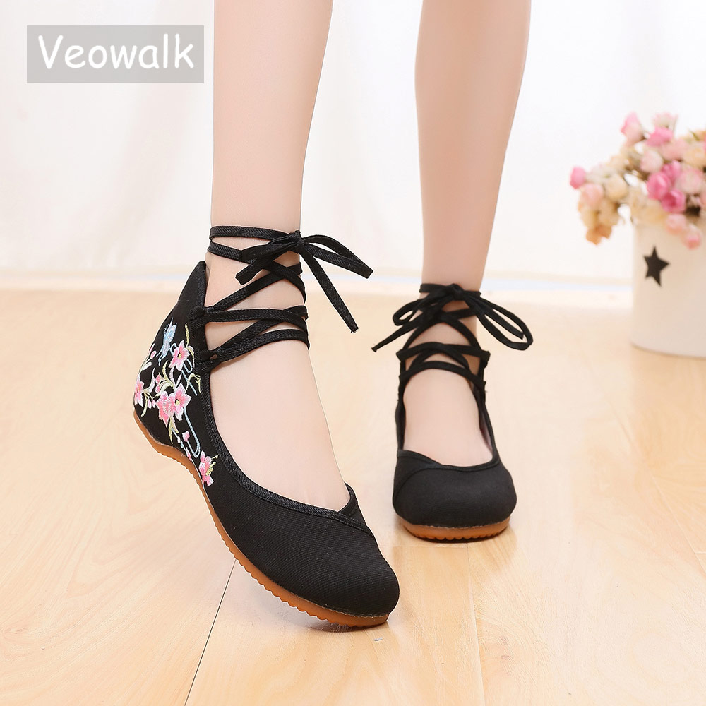 Women'S Shoes Vegan - Veowalk足首ストラップ女性キャンバス刺繍バレエシューズレディース快適な綿ダンスバレリーナビーガンmuslem靴