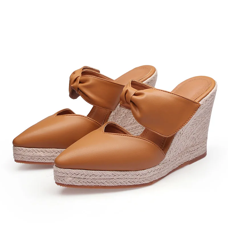 Espadrille Wedge Shoes - 女性のハイヒールサンダル エスパドリーユ ウェッジヒール ポインテッドトゥ ミュール オープントゥ