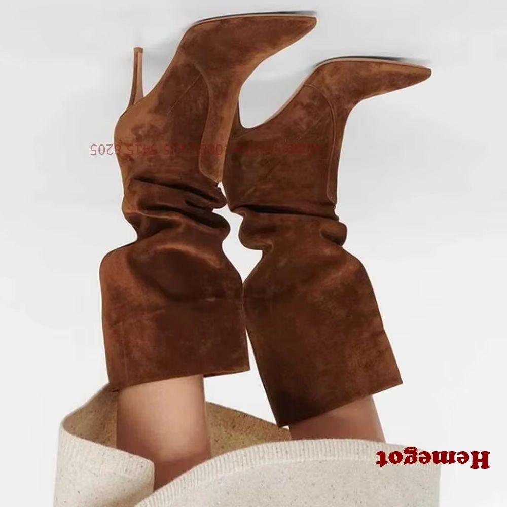 Women'S Shoes Vegan - ブラウンのポインテッドトゥ、スリッポン、レディースブーツ、ビーガン スエード、ワイドカーフ、ニーハイブーツ、スティレットヒール、暖かい冬用カジュアルシューズ、セクシー