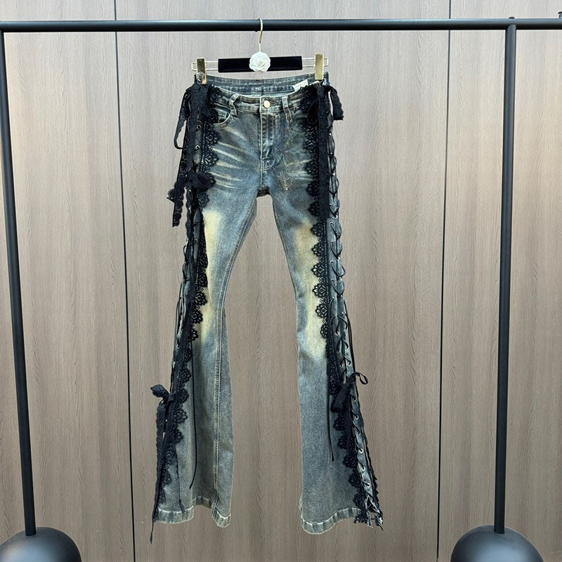 Women Shoes Jeans - レースアップフレアジーンズレトロステッチレースひげスリムローライズスプリットブーツカットパンツ女性ベルボトムストリート