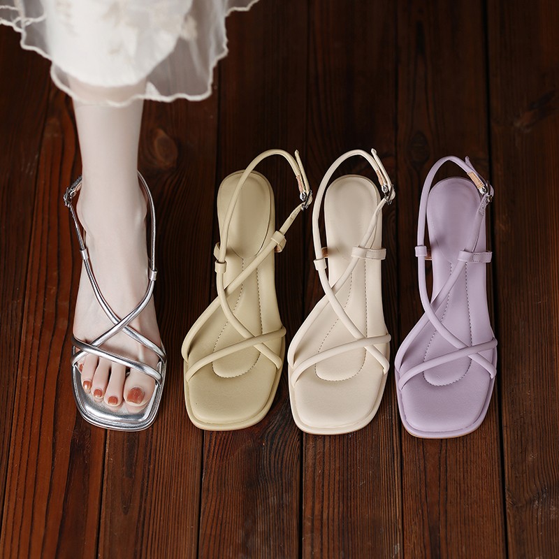 Women Shoes Zara - 2026年夏新作 シンプルスクエアヘッドスリムストラップ厚底ヒールサンダル レディース、ストレートトゥオープントゥサンダル レディース