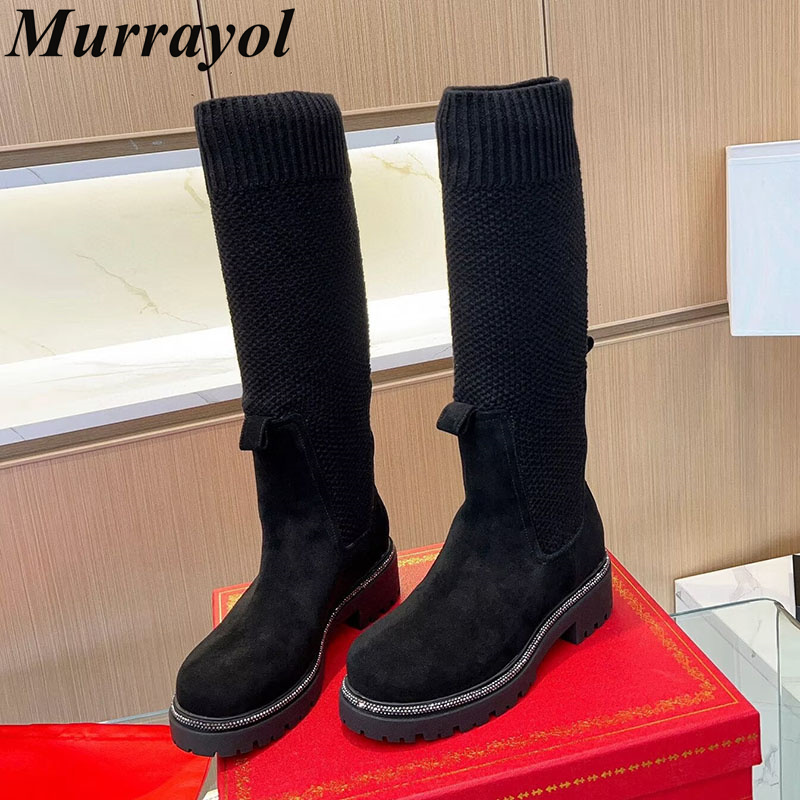 Sock Boot Women - ニーハイブーツ 秋冬 スエード フラット 厚底 ソックスブーツ