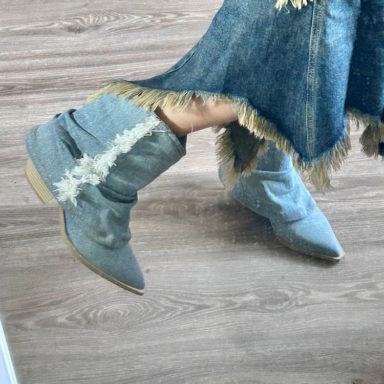 Women Shoes Jeans - レディースブルーデニムブーツ,アンクルブーツ,厚手のスクエアトゥ,ラージサイズ2023