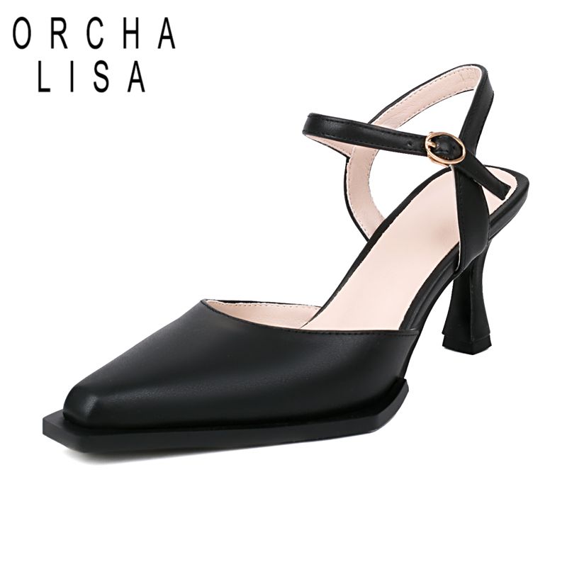 Women Shoes Brand - ORCHA リサ真新しい女性サンダルスクエアトゥ薄いかかと 8 センチメートルバックルストラップ大サイズ 41 42