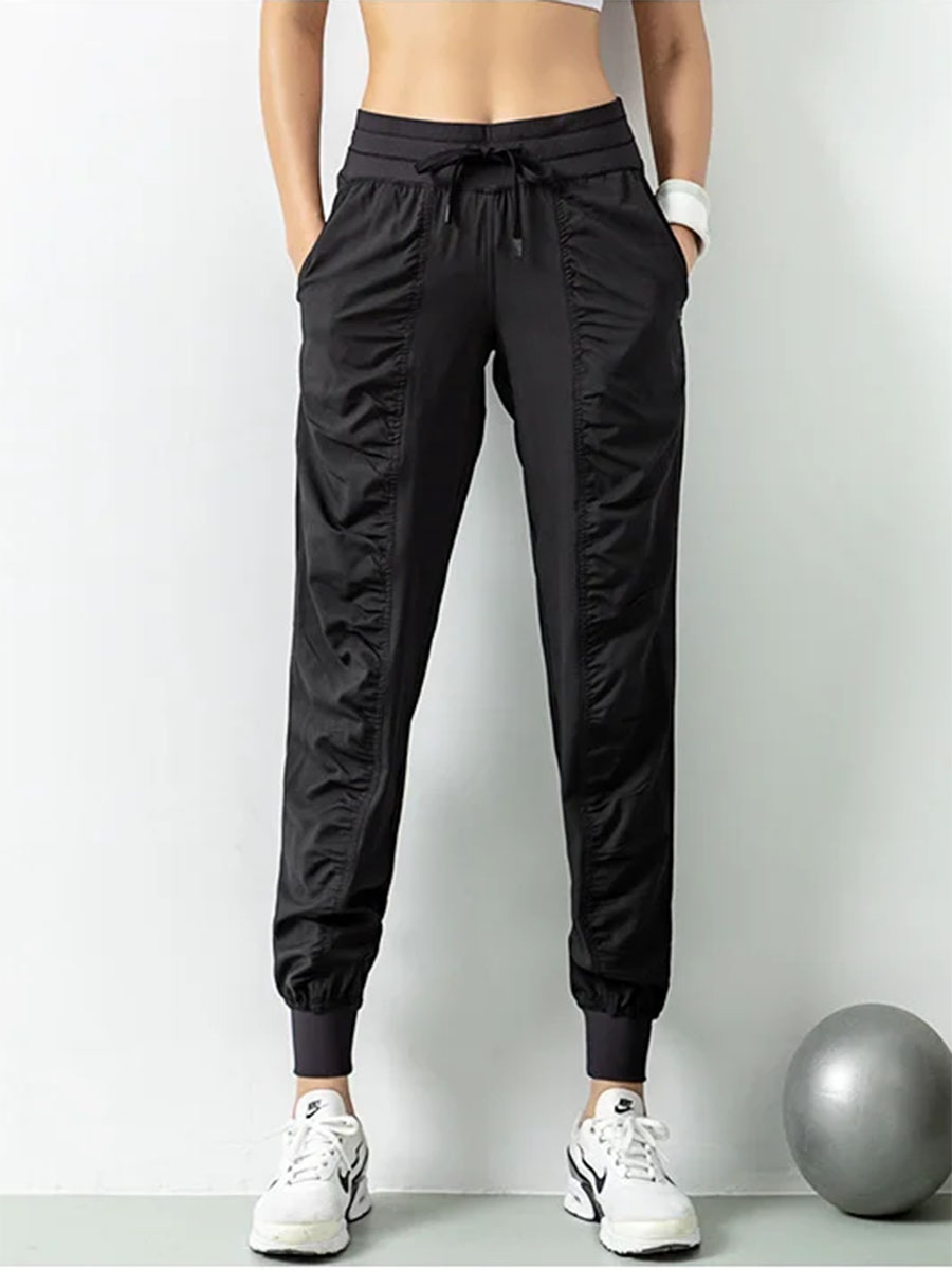 Women Shoes Joggers - CZGUKE-ハイウエストスポーツジョガーパンツ レディース リブディテール ポケットデザイン 通気性 軽量
