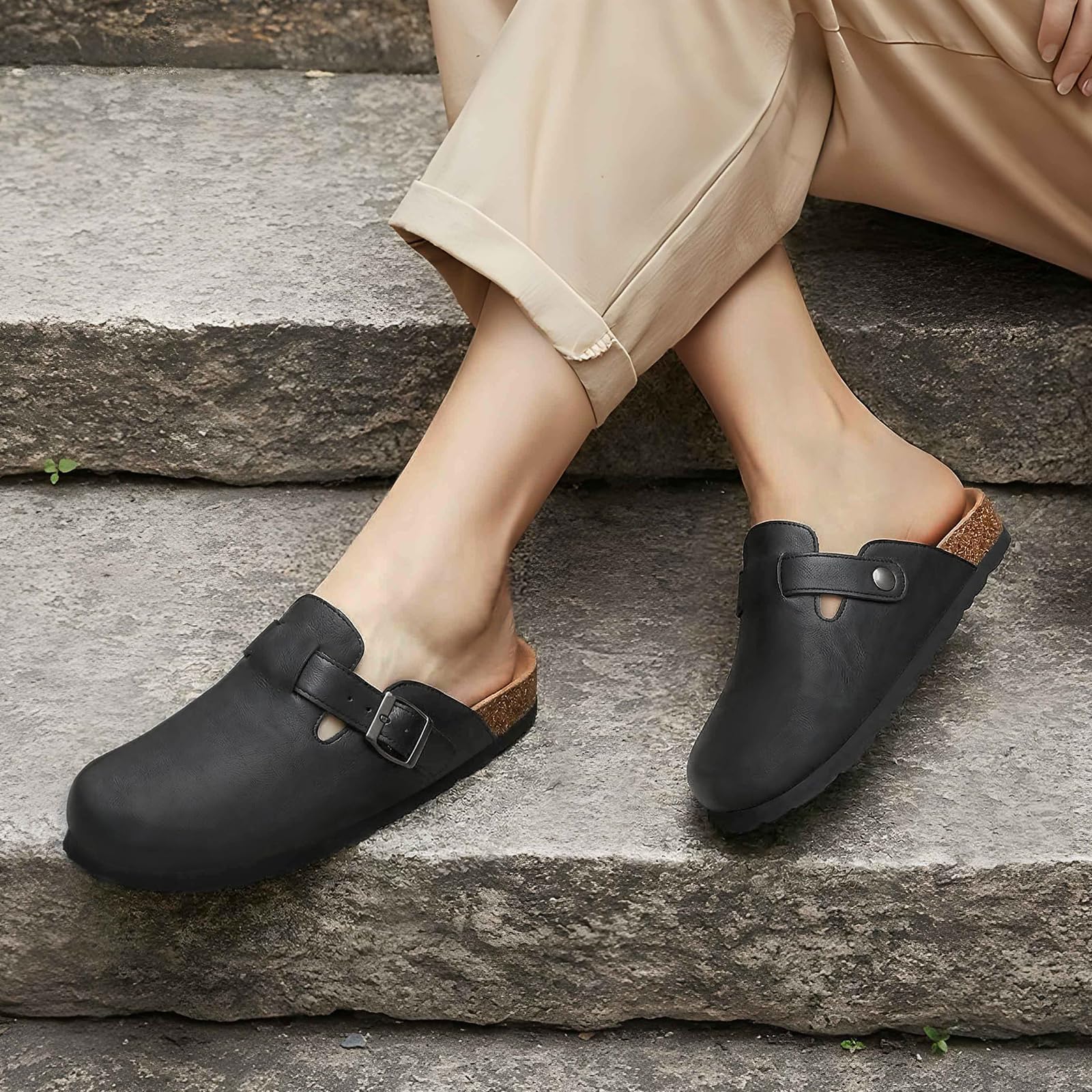 Women'S Shoes Vegan - リットファン コルクフットベッド クロッグス ヴィーガンレザー ミュール 快適な滑り止めコルクソールスリッパ