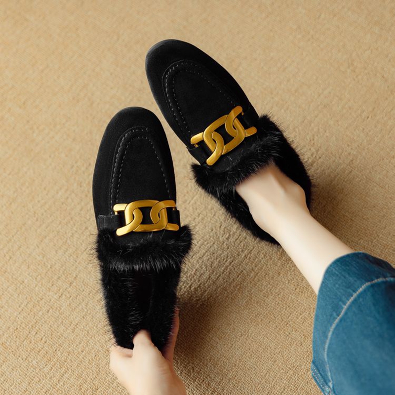 Women Shoes For Winter - 女性用シープスエードレザーシューズ,丸いつま先,ローヒール,スリッポンモカシン,暖かいぬいぐるみ,冬用パンプス,黒,新品