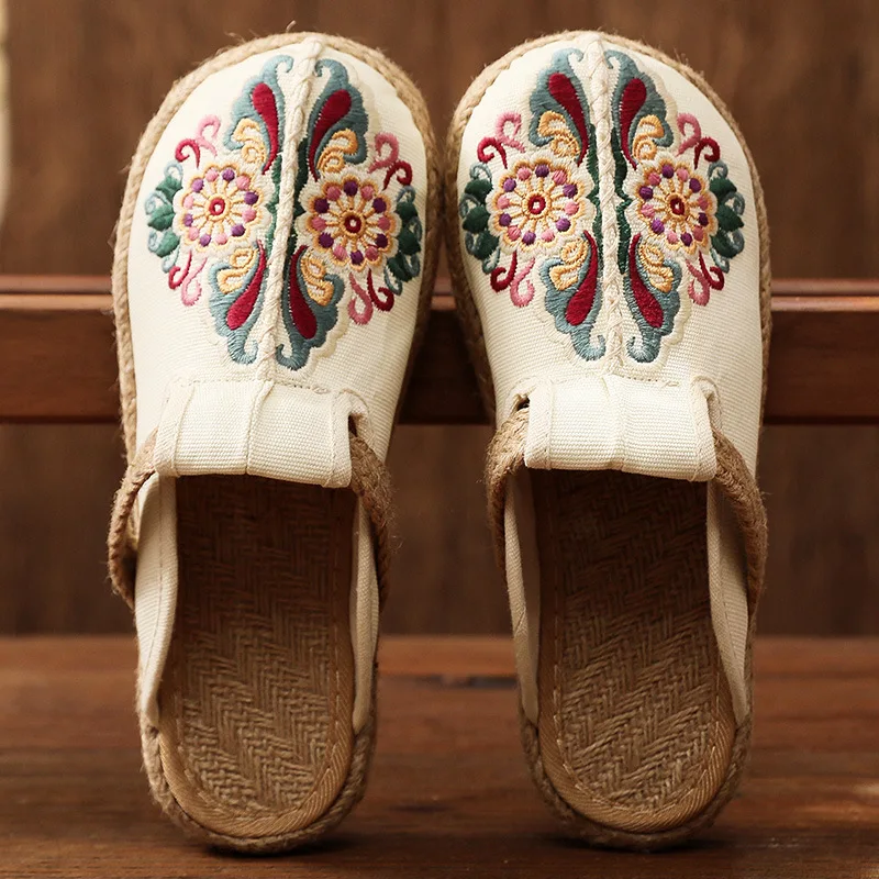 Women'S Shoes Vegan - 女性用カジュアルリネン手作り刺繍ミュールフラットスリッパ レトロヴィーガンサマーレディースキャンバス快適エスパドリーユシューズ