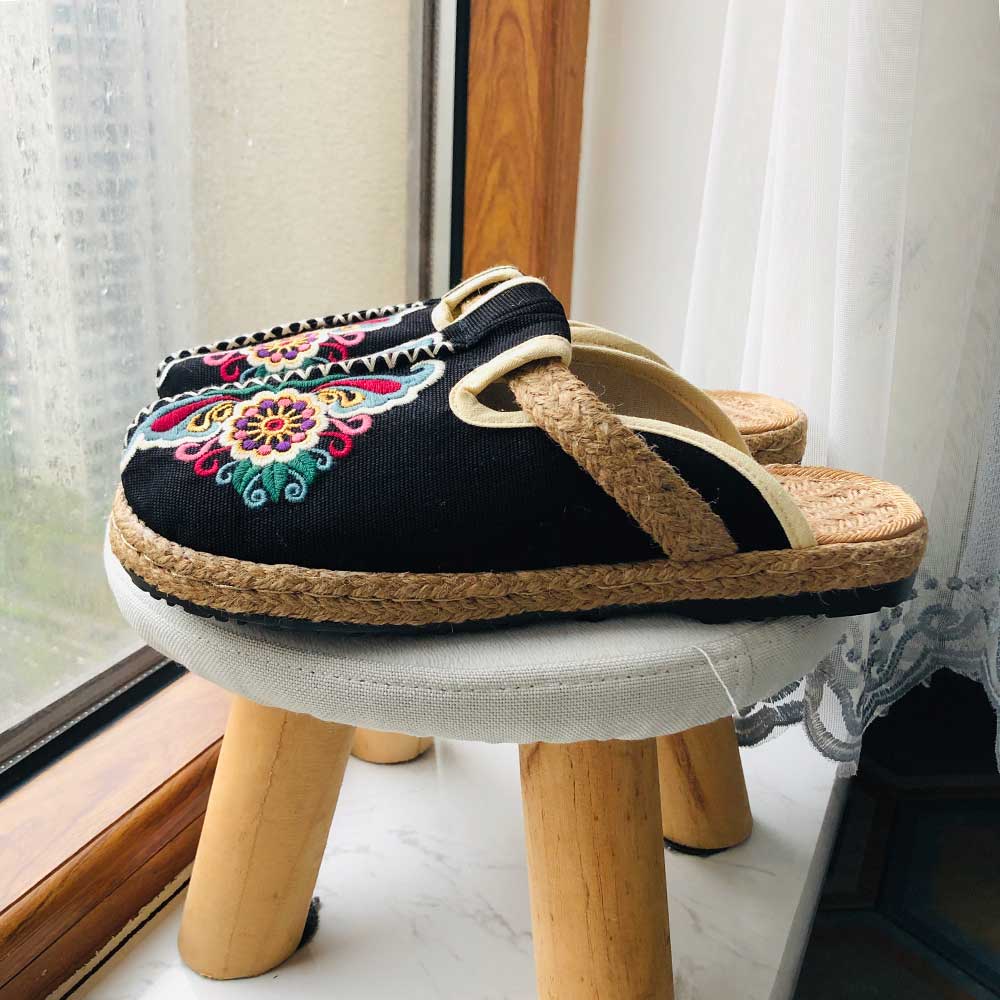 Women'S Shoes Vegan - 女性のためのレトロなフラットスリッパ,手作りのカジュアルなリネンのミュール,女性のための快適な夏のキャンバスシューズ