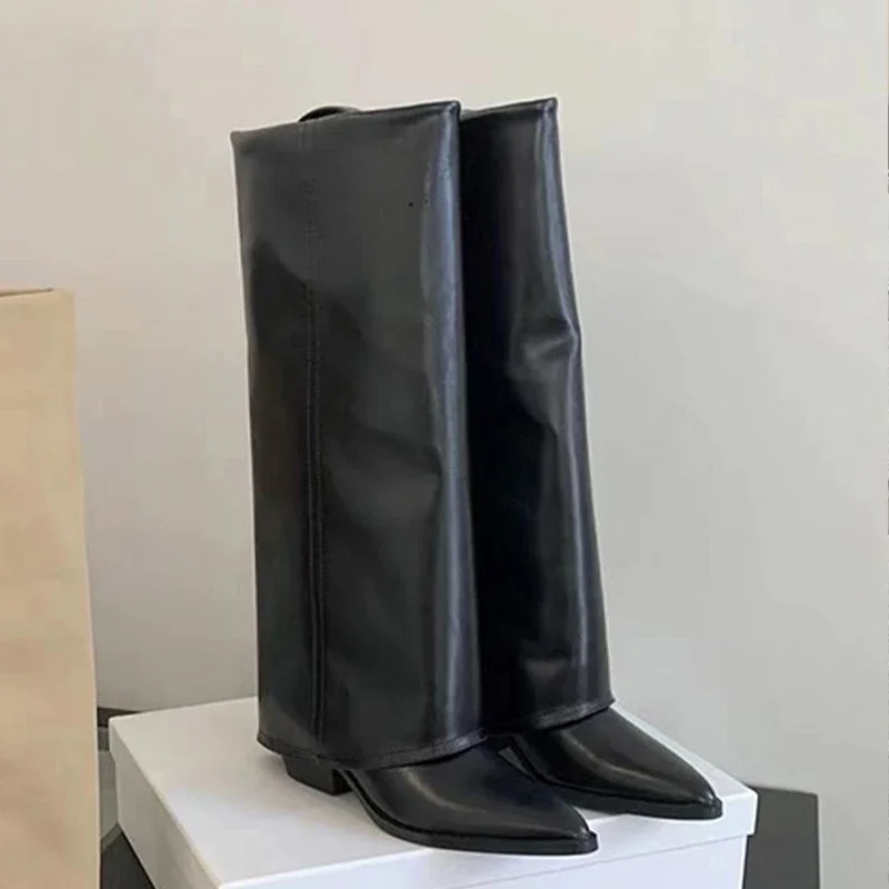 Women'S Shoes Chelsea - 女性のブーツニーハイヒールレザーチャンキーファッションシューズポインテッドトゥスノーロングブーツ新しいデザインパンプスパンクチェルシーボタスムジェール