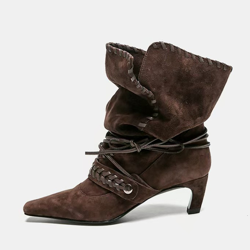 Women'S Shoes Chelsea - Liyke 秋冬ブラウンスエード織りレースアップ女性折りプリーツアンクルブーツファッション薄いローヒールチェルシーウエスタンレディースシューズ