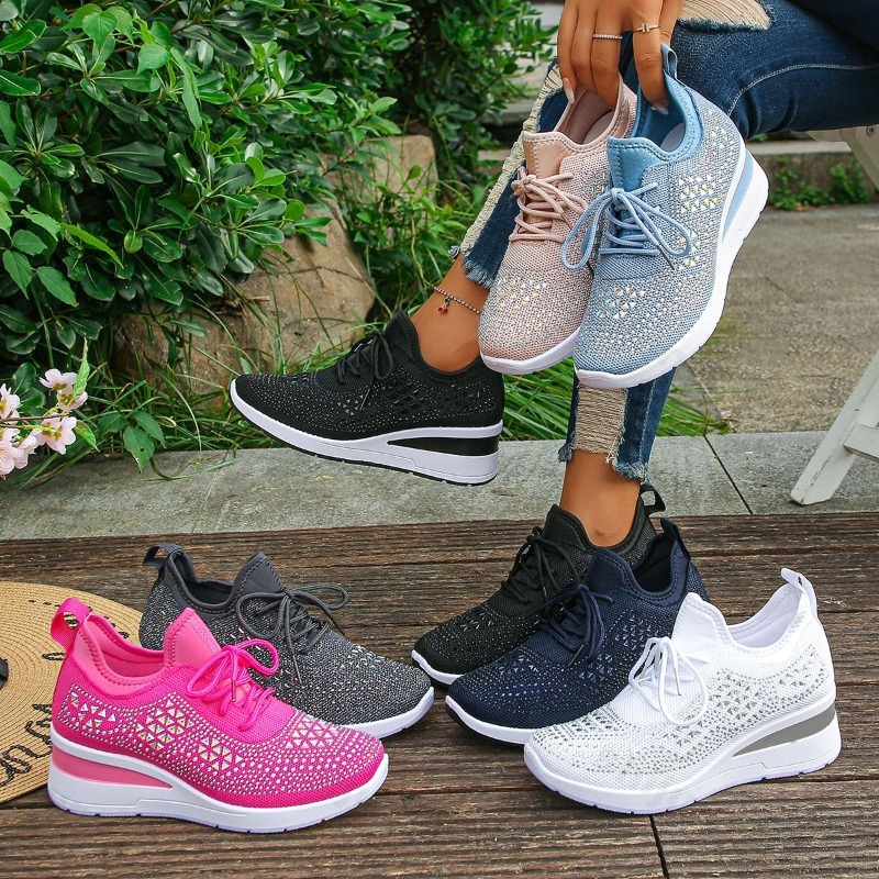Women'S Shoes For Tennis - 2026年レディーススニーカー メッシュ素材 通気性 シャイニーラインストーン ウェッジソール スポーツシューズ
