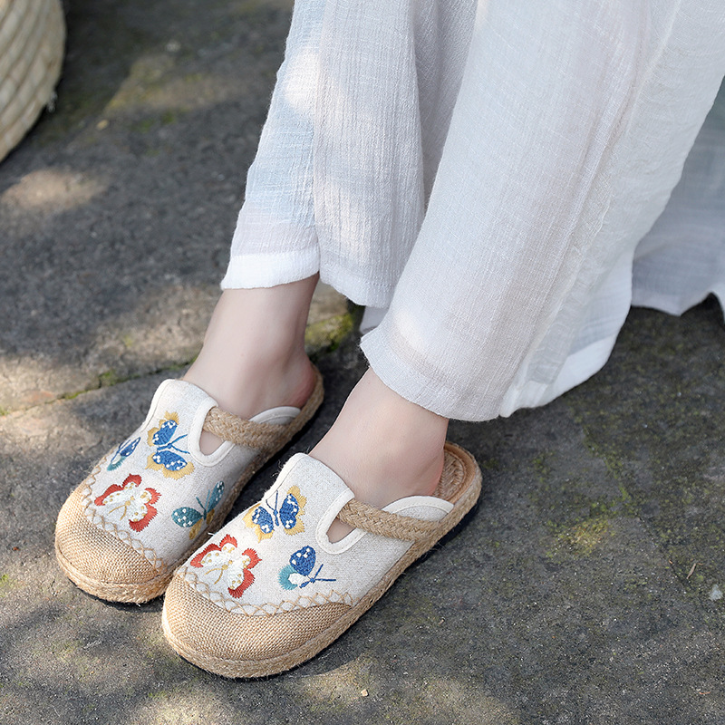 Women'S Shoes Vegan - 2025 女性カジュアルリネン手作り刺繍ミュールフラットスリッパレトロビーガン夏の女性のキャンバス快適なエスパドリーユの靴