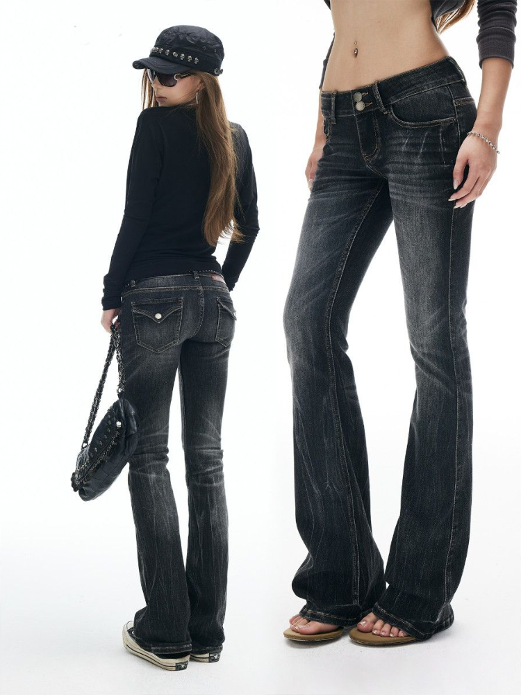 Women Shoes Jeans - レディース向け、ファッションテクスチャレトロ秋新作ヘビーインダストリーグラデーションウォッシュウォーターライトニングパターンストレッチマイクロフレアジーンズ