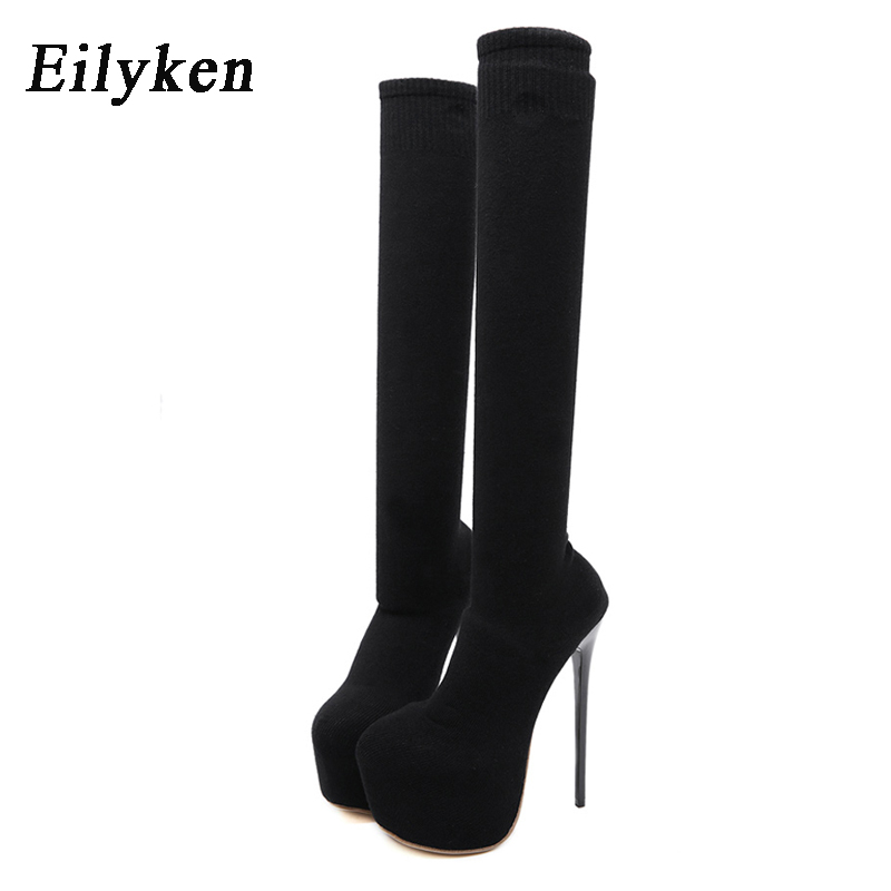 Eilyken-膝上の女性用ブーツ,丸いつま先の黒のニットシ - Sock Boot Women のレビューと価格
