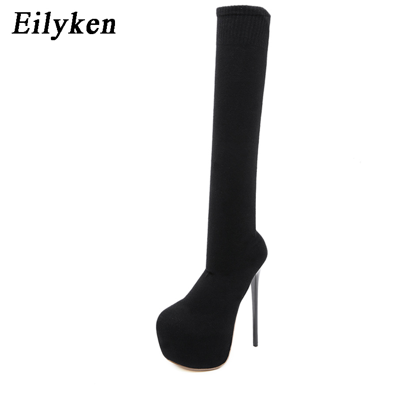 Eilyken-膝上の女性用ブーツ,丸いつま先の黒のニットシ - Sock Boot Women のレビューと価格