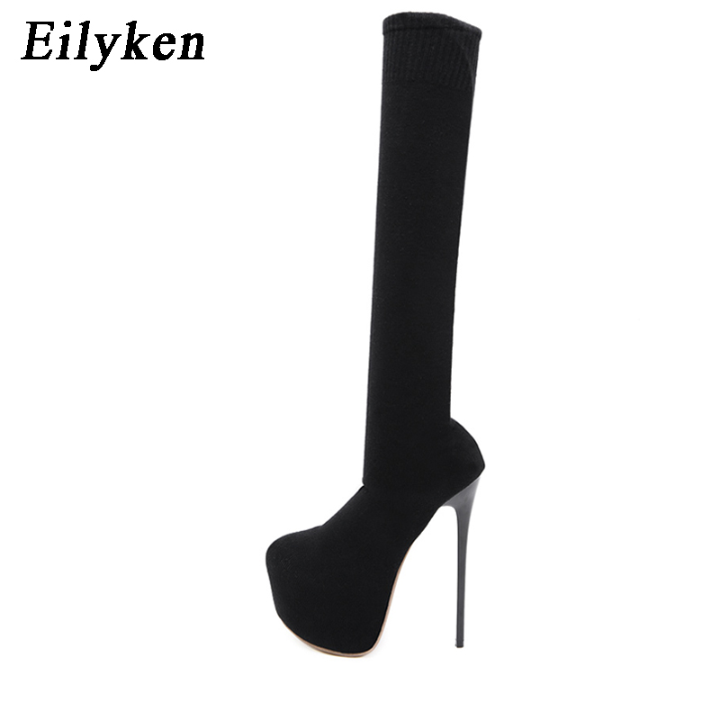 Eilyken-膝上の女性用ブーツ,丸いつま先の黒のニットシ - Sock Boot Women のレビューと価格