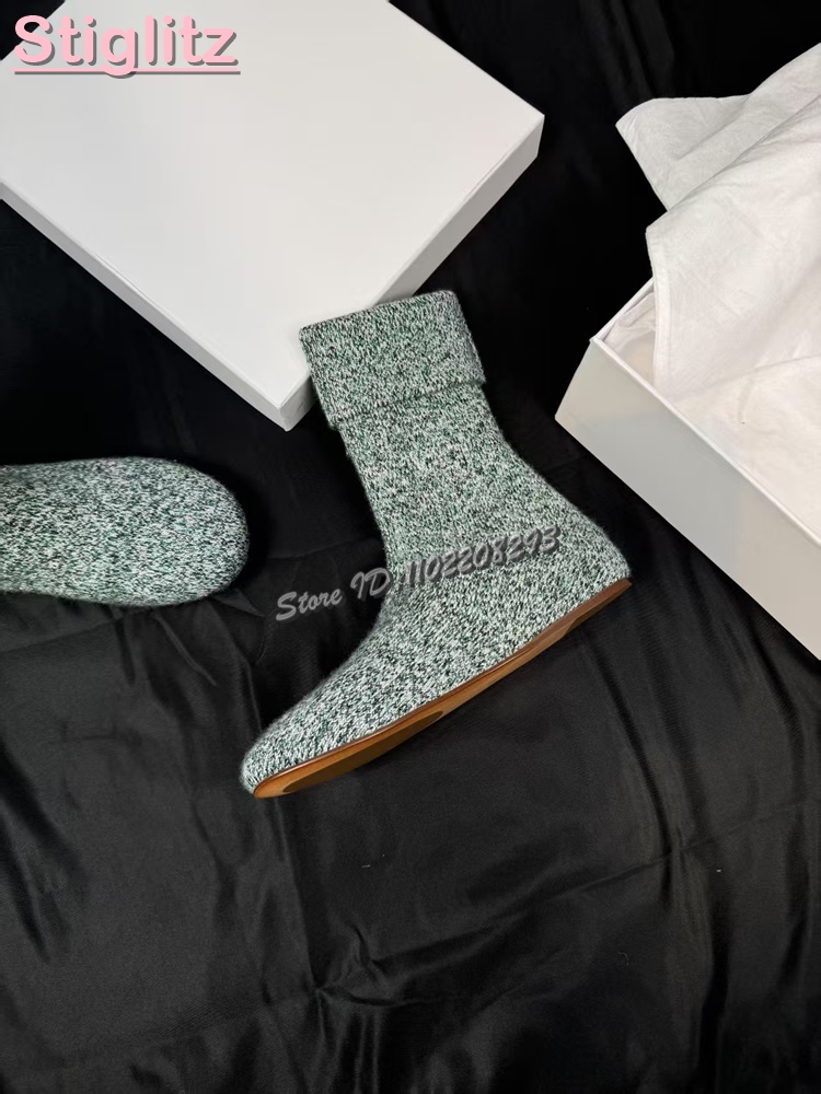 ニットラウンドトゥフラットストレッチブーツソリッドスリッポン - Sock Boot Women のレビューと価格