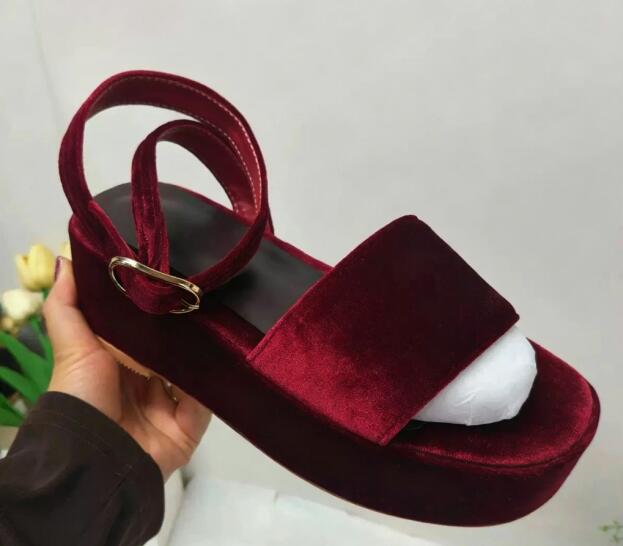 バーガンディベルベットラウンドオープントゥ厚底アンクルストラ - Women'S Shoes Burgundy のレビューと価格