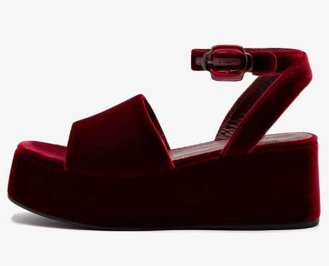 バーガンディベルベットラウンドオープントゥ厚底アンクルストラ - Women'S Shoes Burgundy のレビューと価格