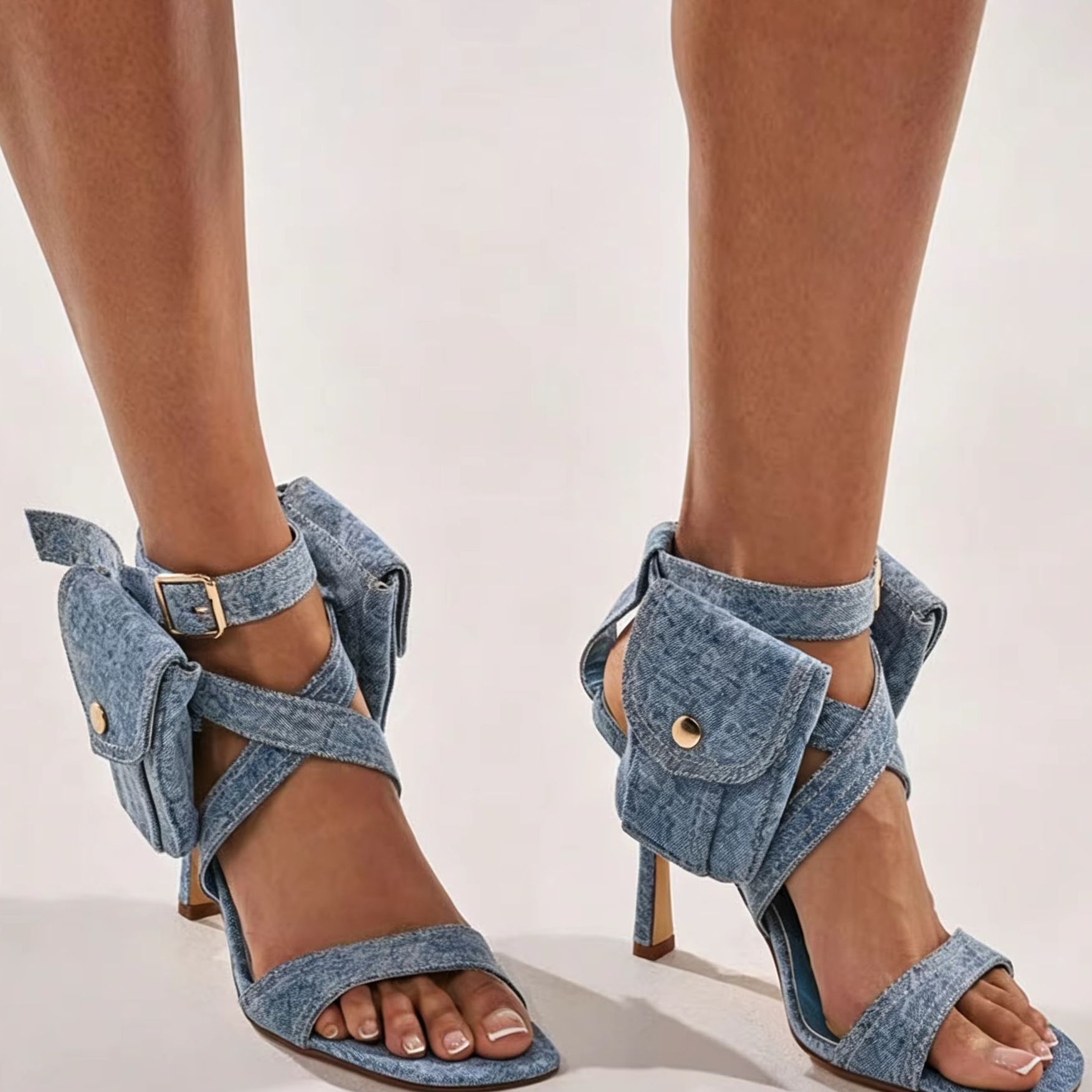 女性ブルーデニムポケットアンクルストラップセクシーなスクエア - Women'S Shoes Trendy のレビューと価格