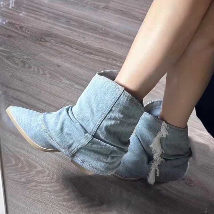 レディースブルーデニムブーツ,アンクルブーツ,厚手のスクエア - Women Shoes Jeans のレビューと価格