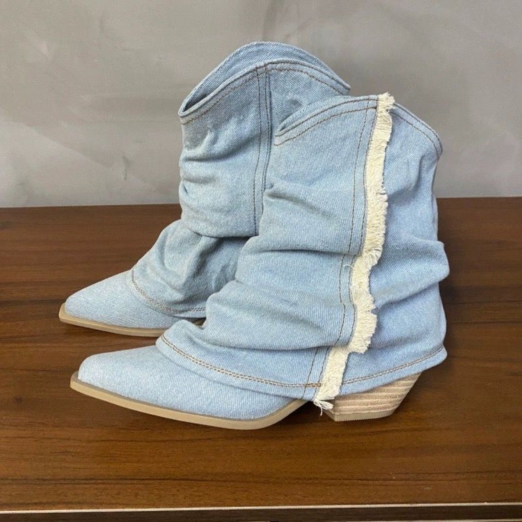 レディースブルーデニムブーツ,アンクルブーツ,厚手のスクエア - Women Shoes Jeans のレビューと価格