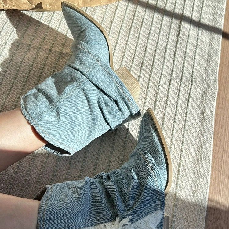 レディースブルーデニムブーツ,アンクルブーツ,厚手のスクエア - Women Shoes Jeans のレビューと価格