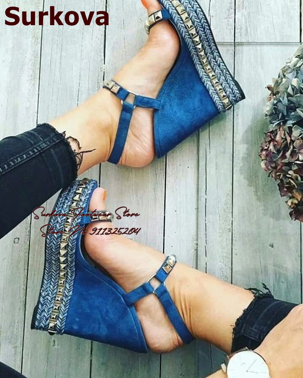 サーフバ-ブルーデニムウェッジヒール,メタリックスタッズサン - Women Shoes Jeans のレビューと価格