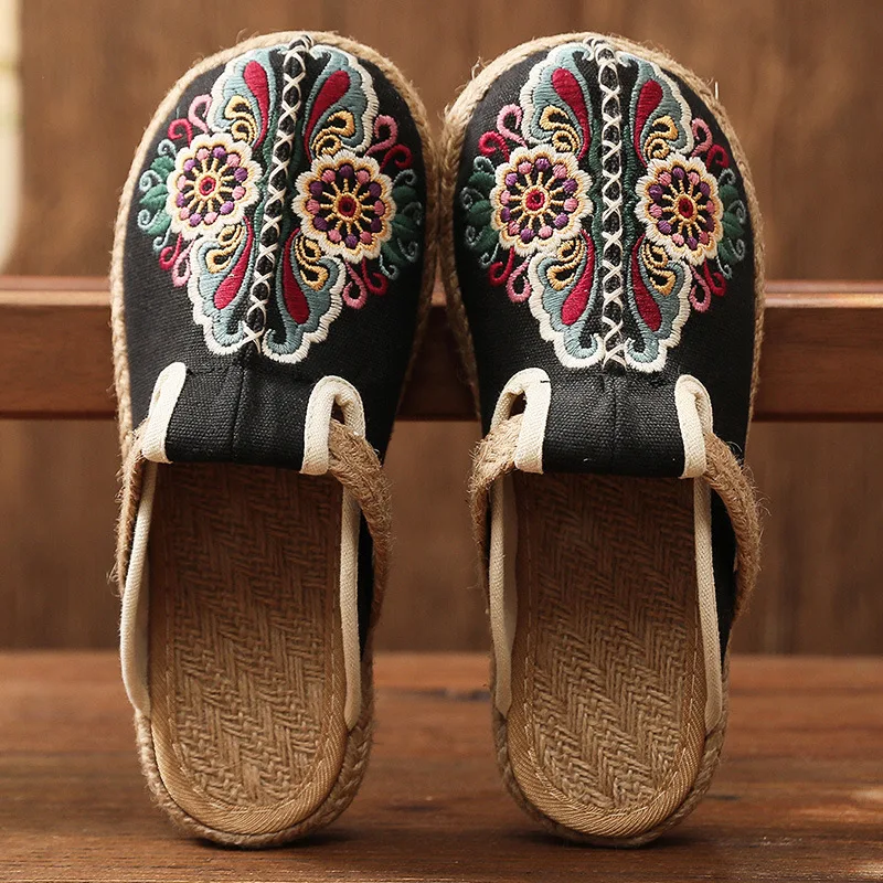 女性用カジュアルリネン手作り刺繍ミュールフラットスリッパ レ - Women'S Shoes Vegan のレビューと価格