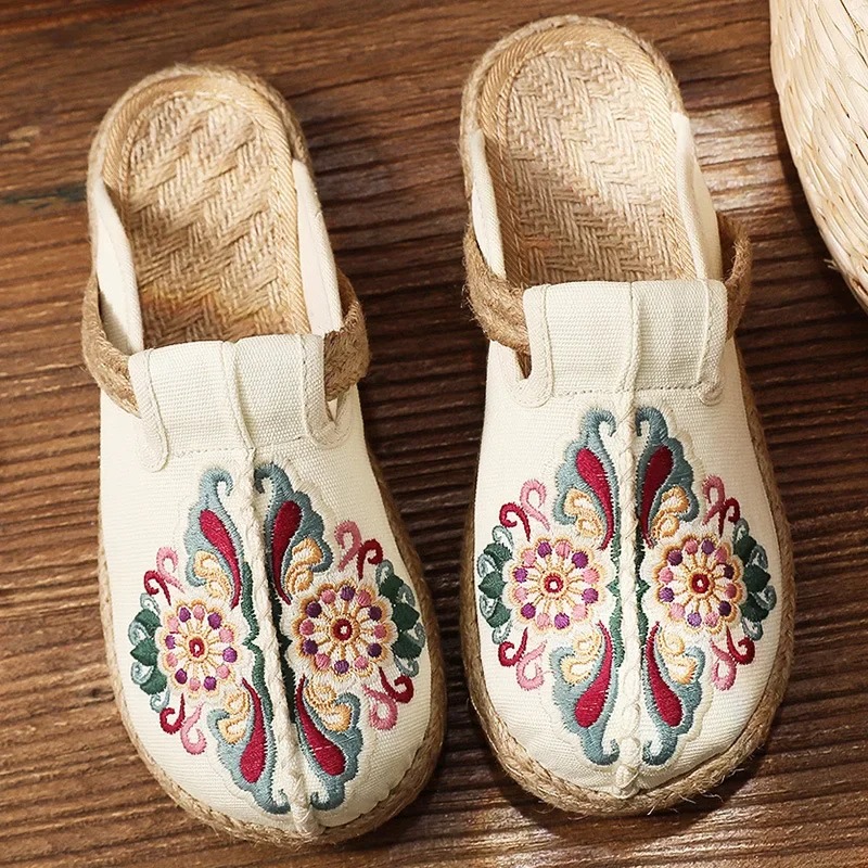 女性用カジュアルリネン手作り刺繍ミュールフラットスリッパ レ - Women'S Shoes Vegan のレビューと価格