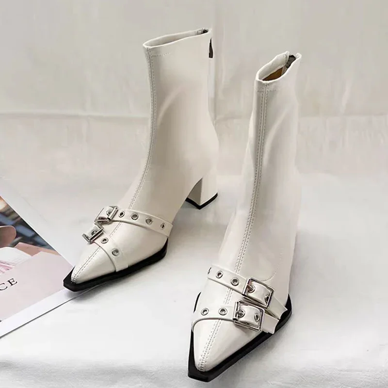 ハイヒールアンクルブーツ女性分厚いポインテッドトゥ革靴女性  - Women'S Shoes Chelsea のレビューと価格