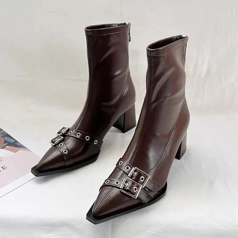 ハイヒールアンクルブーツ女性分厚いポインテッドトゥ革靴女性  - Women'S Shoes Chelsea のレビューと価格