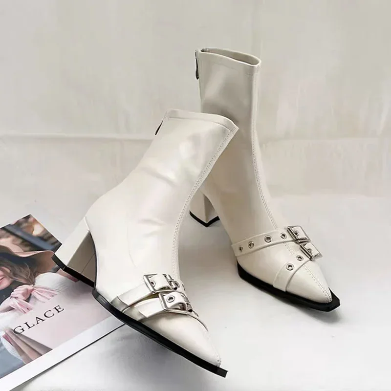 ハイヒールアンクルブーツ女性分厚いポインテッドトゥ革靴女性  - Women'S Shoes Chelsea のレビューと価格