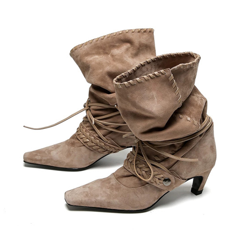 Liyke 秋冬ブラウンスエード織りレースアップ女性折りプリ - Women'S Shoes Chelsea のレビューと価格