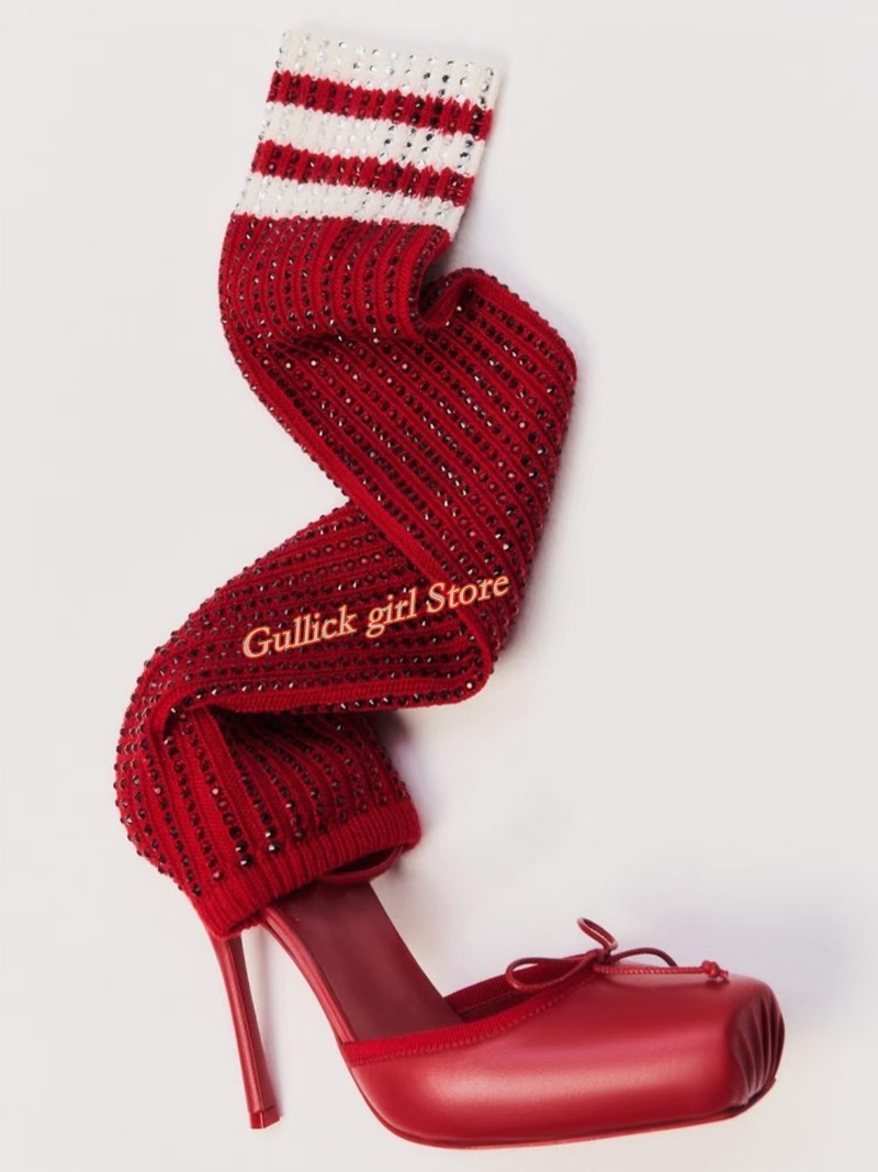 赤いニット生地のスクエアトゥブーツ、カットアウトデザイン、ス - Sock Boot Women のレビューと価格