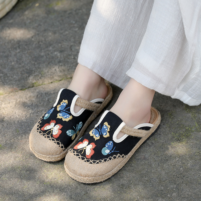 2025 女性カジュアルリネン手作り刺繍ミュールフラットスリ - Women'S Shoes Vegan のレビューと価格