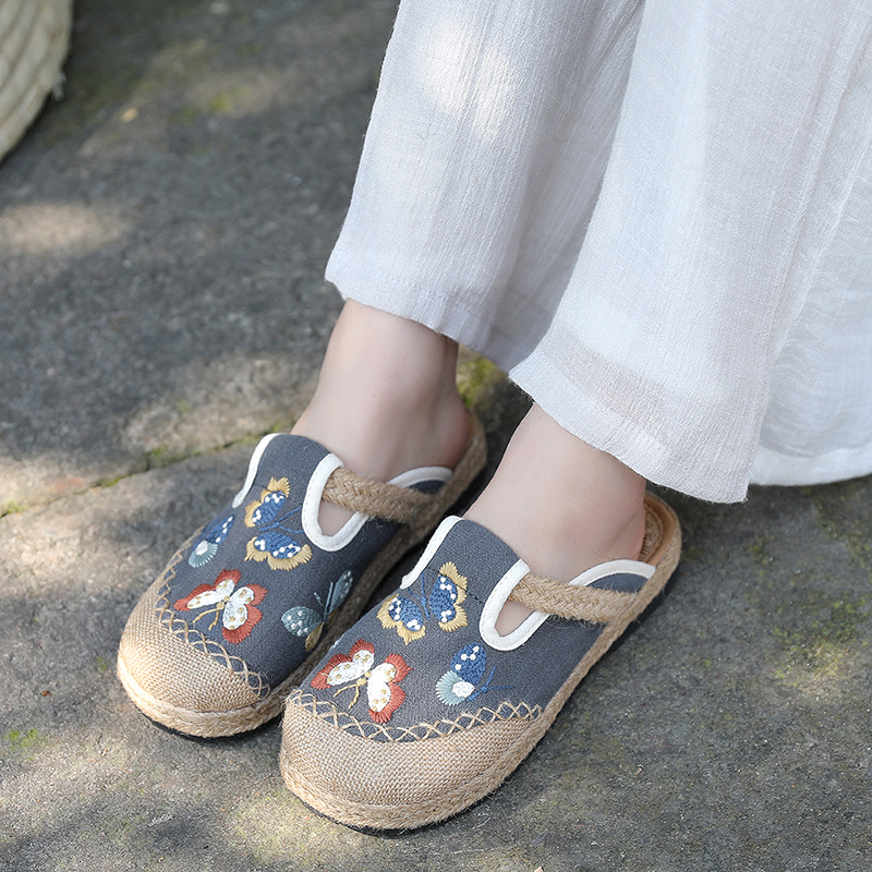 2025 女性カジュアルリネン手作り刺繍ミュールフラットスリ - Women'S Shoes Vegan のレビューと価格