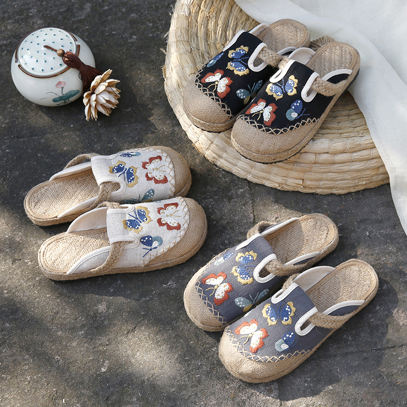 2025 女性カジュアルリネン手作り刺繍ミュールフラットスリ - Women'S Shoes Vegan のレビューと価格