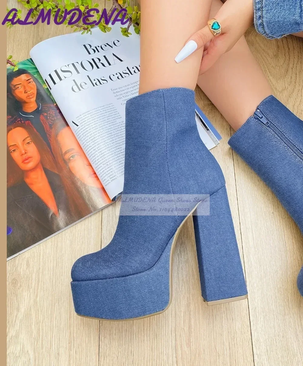 アルムデナブルーデニムブロックヒールアンクルブーツ高プラット - Women Shoes Jeans のレビューと価格